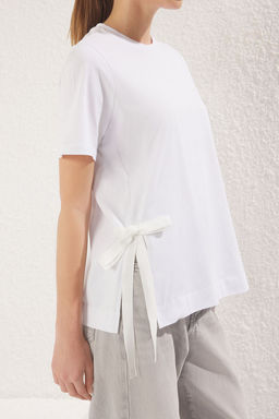 TRENDYOLMILLA Beyaz %100 Pamuk Yan Baglama Detayl? Relaxed/Rahat Kesim Orme T-Shirt TWOSS25TS00074  фото 3