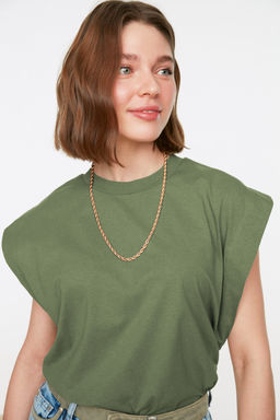 Haki %100 Pamuk Vatka Gorunumlu Basic Bisiklet Yaka Orme T-Shirt TWOSS20TS0021