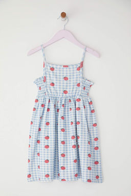 Mavi Pamuklu Cilek Bask?l? Ask?l? K?sa Bayraml?k K?z Cocuk Orme Elbise TKDSS25EL00079