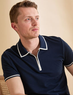 Lacivert Slim Fit %100 Pamuk Fermuarl_ Polo Yaka Ti__rt