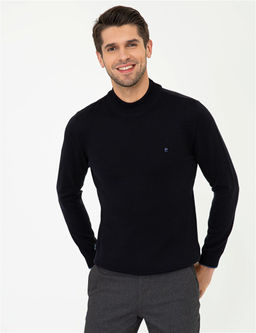 Lacivert Slim Fit Yar_m Bal_k__ Yaka Basic Triko Kazak