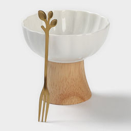 Креманка, d=10 см, с вилкой h=13 см, керамика, бамбук, белая