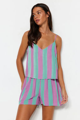 Trendyolmilla Pembe Cizgili Ip Ask?l? Viskon Sortlu Dokuma Pijama Tak?m? THMSS23PT00225 фото 19