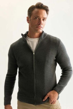 Standart Fit Normal Kesim Yar?m Bal?kc? Yaka Fermuarl? Waffle H?rka