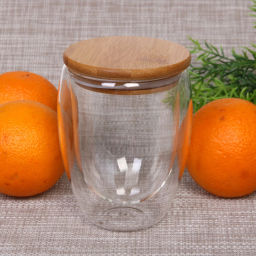 Стакан стеклянный с двойными стенками 350мл "Хай-Тек" с бамбуковой крышкой