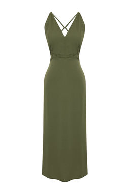 TRENDYOLMILLA Kahverengi Midi Dokuma S?rt Dekolteli Plaj Elbisesi TBESS22EL0727  фото 14