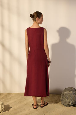 Trendyolmilla Bordo %100 Keten Midi Dugme Detayl? V Yaka Elbise TWOSS25EL00635  фото 4