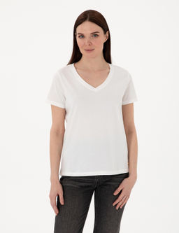 Beyaz Regular Fit V Yaka Basic Ti__rt