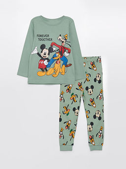Bisiklet Yaka Uzun Kollu Mickey Mouse Bask?l? Erkek Bebek Pijama Tak?m?