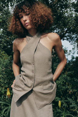 ZW COLLECTION 100% LINEN HALTER WAISTCOAT TOP - Zara фото 3