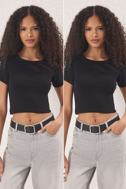 Siyah-Siyah Crop 2li Paket Slim/Vucuda Oturan Orme Bluz TWOSS23BZ00108