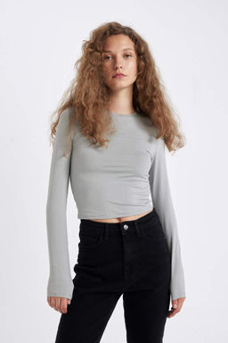 Женская серая базовая однотонная футболка с круглым вырезом и длинными рукавами