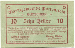 10 геллеров 1920 года Австрия Поттенштайн (нотгельд)