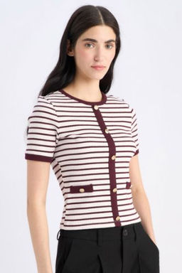 Slim Fit Dar Kesim Bisiklet Yaka Cizgili Fitilli Kaskorse K?sa Kollu Tisort