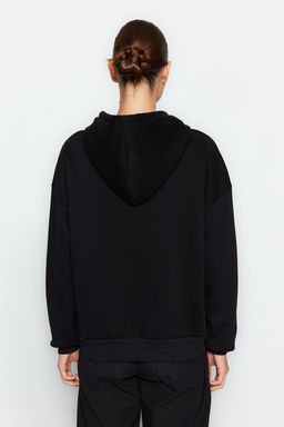 Siyah Oversize/Rahat Kesim Basic Kapusonlu Kal?n Ici Polarl? Orme Sweatshirt TWOAW24SW00188