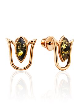 Красивые серьги-гвоздики Тюльпан с янтарём зелёного цвета