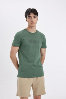 Slim Fit Dar Kesim Bisiklet Yaka Bask?l? K?sa Kollu Tisort
