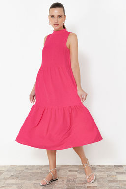 Fusya Bordo Duz Kesim Dik Yaka Midi Aerobin Dokuma Elbise TWOSS20EL1864