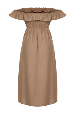 Vizon Duz Kesim Carmen Yaka Keten Gorunumlu Maxi Dokuma Elbise TWOSS24EL00691 - Trendyolmilla фото 8