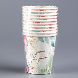 Цена за 10 шт. Стакан бумажный С днём рождения, цветы, 250 мл - Страна карнавалия фото 3