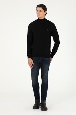 Erkek Slim Fit Yar_m Bo_azl_ Siyah Basic Kazak