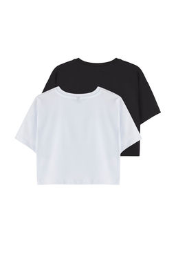 Antrasit-Pembe 2li K?z Cocuk Pamuklu Slogan Bask?l? Crop K?sa Kol Orme T-Shirt TKDSS25TS00055 - Trendyolmilla фото 2
