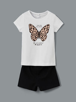 Bisiklet Yaka Bask?l? K?z ?ocuk Ti??rt ve ?ort 2li