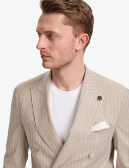A__k Kahverengi Ex. Slim Fit Keten Kar___ml_ _izgili Kruvaze Tak_m Elbise