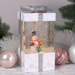 Новогодний музыкальный фонарик с подсветкой и снежным вихрем подарок Снеговик 20*10*10 см (USB+бат)