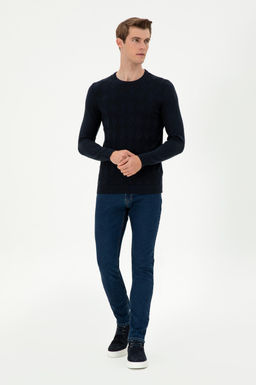 Erkek Slim Fit Bisiklet Yaka Lacivert Kazak