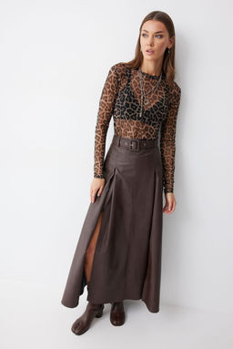 Юбка Lyushe 4187 из экокожи коричневая макси  фото 6