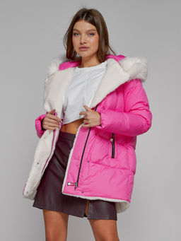 Куртка зимняя женская модная с мехом розового цвета 133120R - Visdeer фото 15