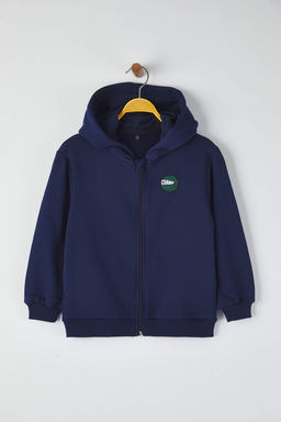 Lacivert Erkek Cocuk Pamuklu Bask?l? Kapusonlu Regular Orme Sweatshirt TKDAW26SW00032