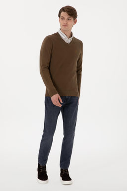 Erkek Slim Fit V Yaka Haki Basic Kazak