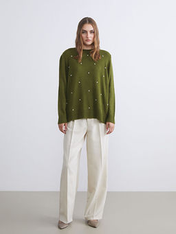 Bisiklet Yaka Boncuk ??lemeli Kad?n Triko Kazak