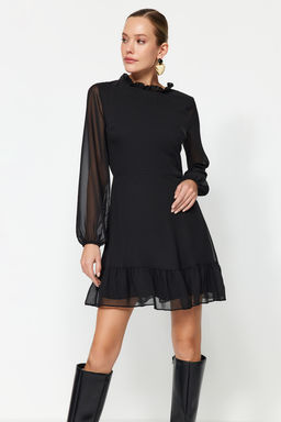 TRENDYOLMILLA Siyah A Kesim F?rf?r Detayl? Dik Yaka Mini Astarl? Sifon Dokuma K?sl?k Elbise TWOAW24EL00722  фото 16