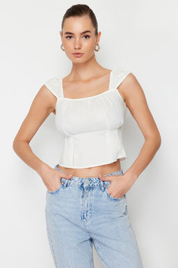 Ekru Fitted/Vucuda Oturan Pamuklu Crop Dokuma Bluz TWOSS24BZ00317 - Trendyolmilla фото 3