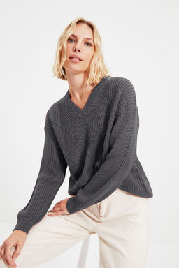 Bordo Ajurlu/Delikli V Yaka Triko Kazak TWOAW21KZ0690 - Trendyolmilla фото 17