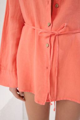 TRENDYOLMILLA Mercan Dokuma %100 Keten Baglamal? Plaj Gomlek TBESS25GO00015  фото 3