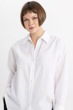 Oversize Genis Kal?p Basic Duz Poplin Uzun Kollu Gomlek