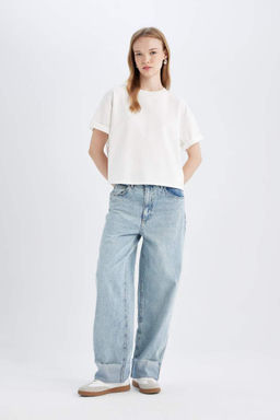 Мешковатые джинсовые брюки длиной до щиколотки с высокой талией и мешковатыми манжетами. - Defacto фото 12