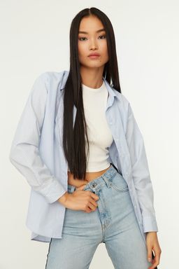 Ac?k Mavi Loose Fit Pamuklu Dokuma Gomlek TWOAW20GO0107