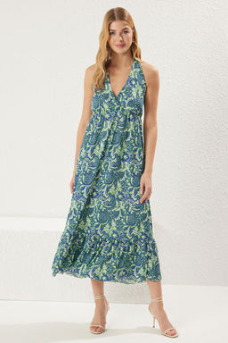 TRENDYOLMILLA Mavi Etnik Bask?l? V Yaka Etegi F?rfl?rl? Buzgulu Fitilli Esnek Maxi Orme Elbise TWOSS25EL00093 фото 2