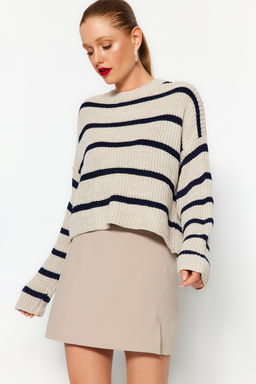 Bej Crop Genis Kal?p Basic Cizgili Triko Kazak TWOAW23KZ00390
