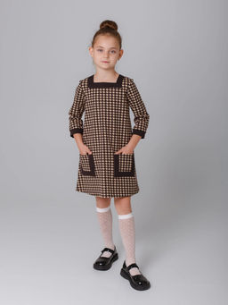 Платье Ретро ФУ рукав 3/4, цвет Корич/беж(Гус.лапки),78%х/б,16%пэ,6%л