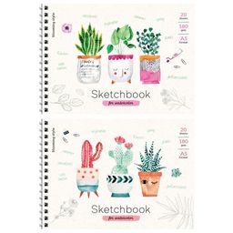 Скетчбук А5 20л., 180г/м, для акварели, карт. обл на спир. "Cute plants" (Б5а20грг_28235, ArtSpace)