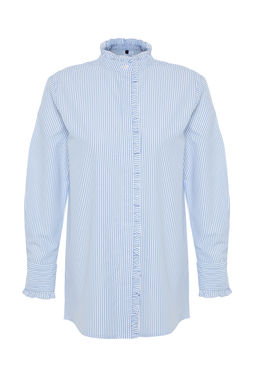 TRENDYOLMILLA Mavi Cizgili Pat? ve Yakas? F?rf?r Detayl? Dokuma Gomlek TWOSS24GO00083  фото 7