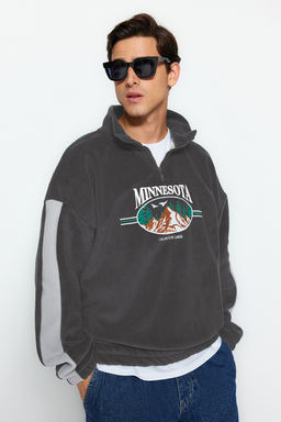 Antrasit Unisex Oversize/Genis Kesim Dik Yaka Anti-pilling Polar Sweatshirt TMNAW24SW00034