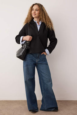 Siyah Kal?n Ici Polarl? Yar?m Pat Fermuarl? Oversize Kapusonlu Orme Sweatshirt TWOAW26SW00092