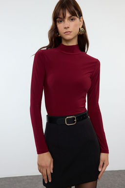 Bordo Fitted/Vucuda Oturan Uzun Kollu Dik Yaka Fitilli Esnek Orme Bluz TWOAW25BZ00078